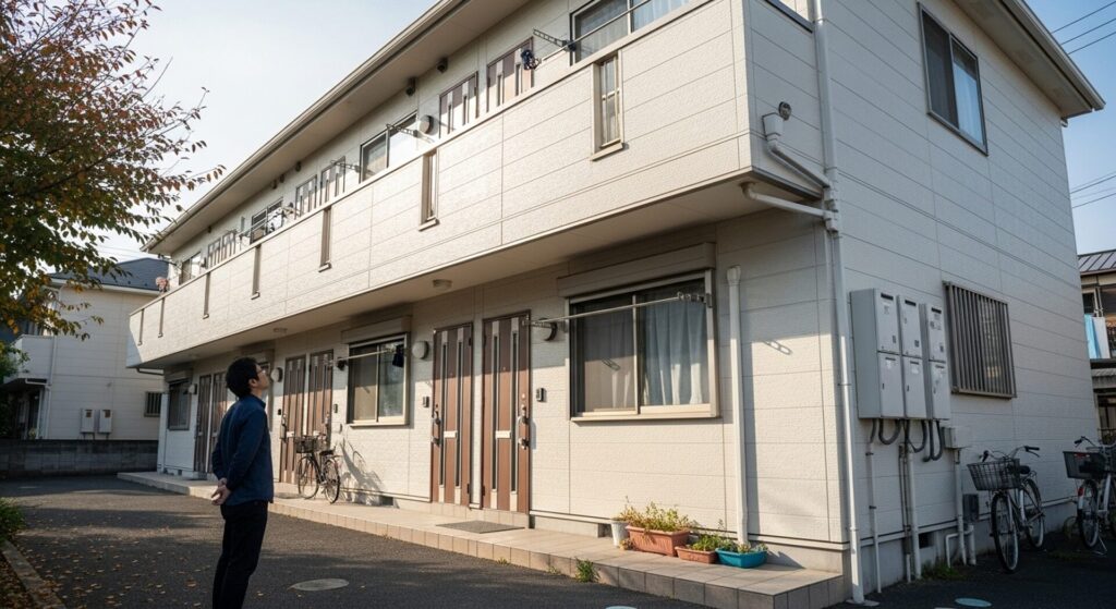 購入した中古アパートを見上げる物件オーナー